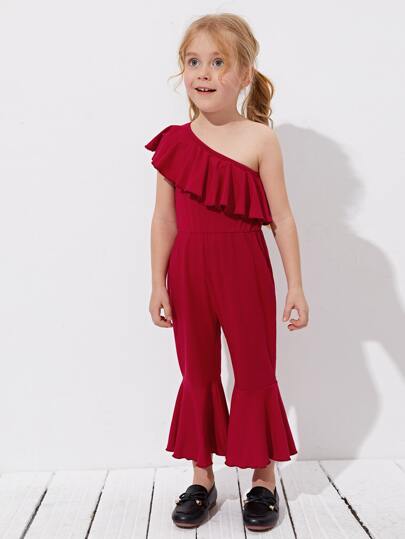 جمبسوت بساق واسع من الاسفل مقلم بكشكش بكتف واحد للبنات الصغار