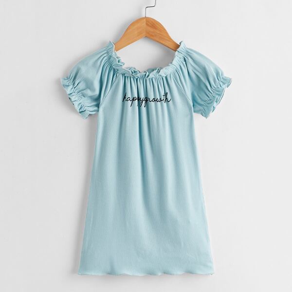 

Toddler Girls Letter Graphic Rib-knit Flounce Sleeve Dress, Mint blue