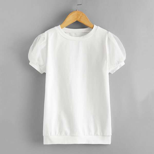 

Toddler Girls Contrast Mesh Puff Sleeve Tee Dress, White