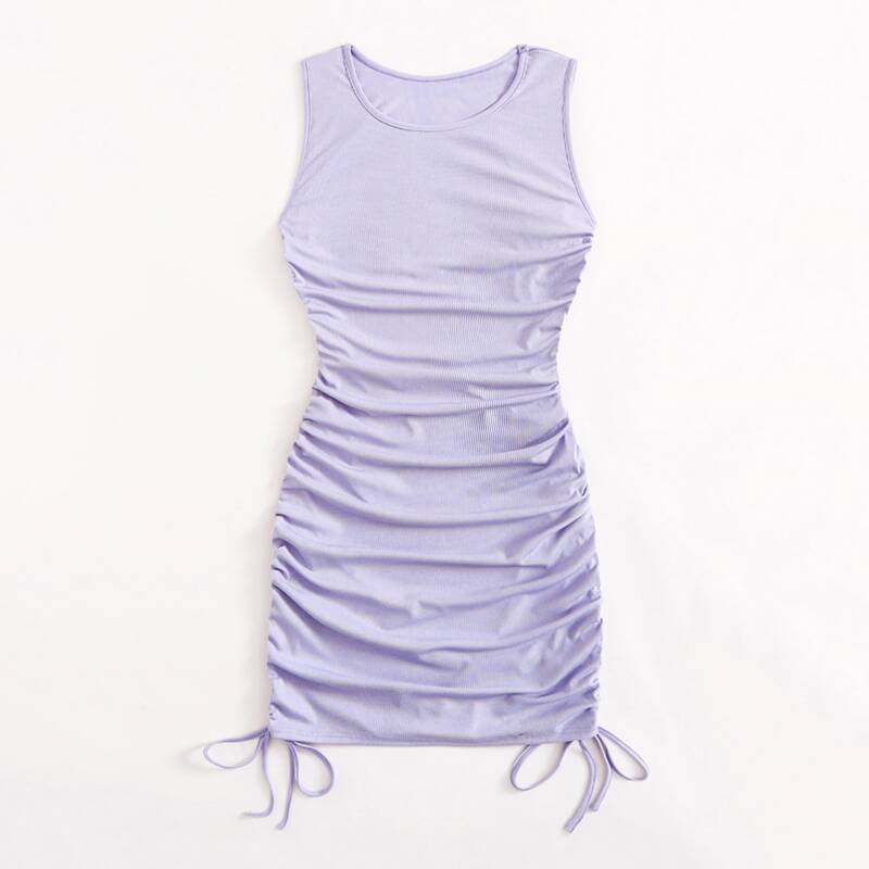 

Solid Drawstring Side Ruched Dress, Lilac purple