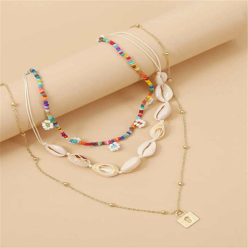 

3pcs Shell & Beaded Floral Charm Necklace, Multicolor