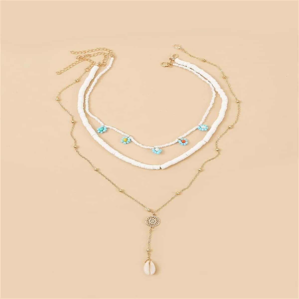 

3pcs Beaded Floral Charm Necklace, Multicolor