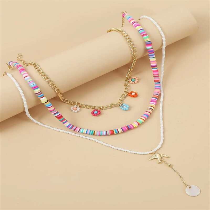 

3pcs Beaded Floral Charm Necklace, Multicolor