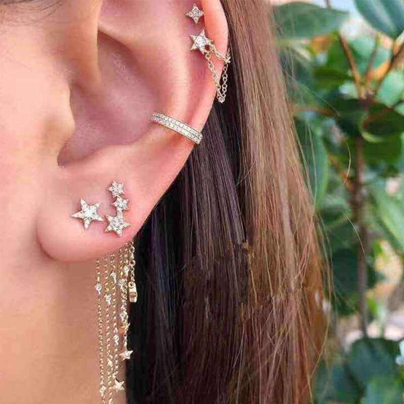 

5pcs Rhinestone Tassel Earring Set, Gold