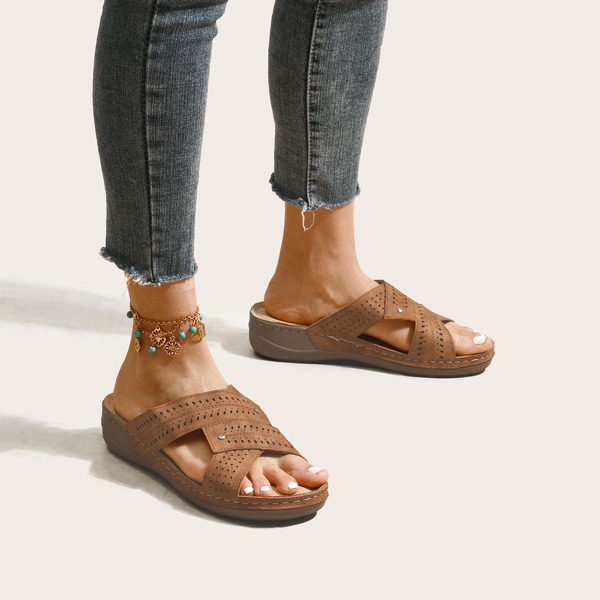 

Laser Cut-out Slide Sandals, Brown
