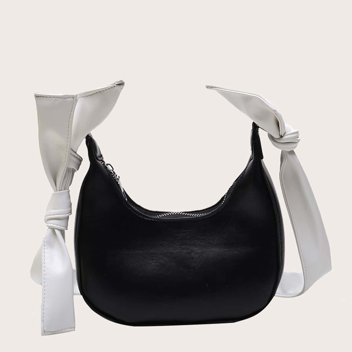 

Colorblock Knot Strap Hobo Bag, Black
