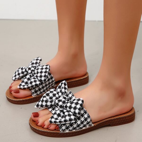 

Bow Decor Slide Sandals, Black and white
