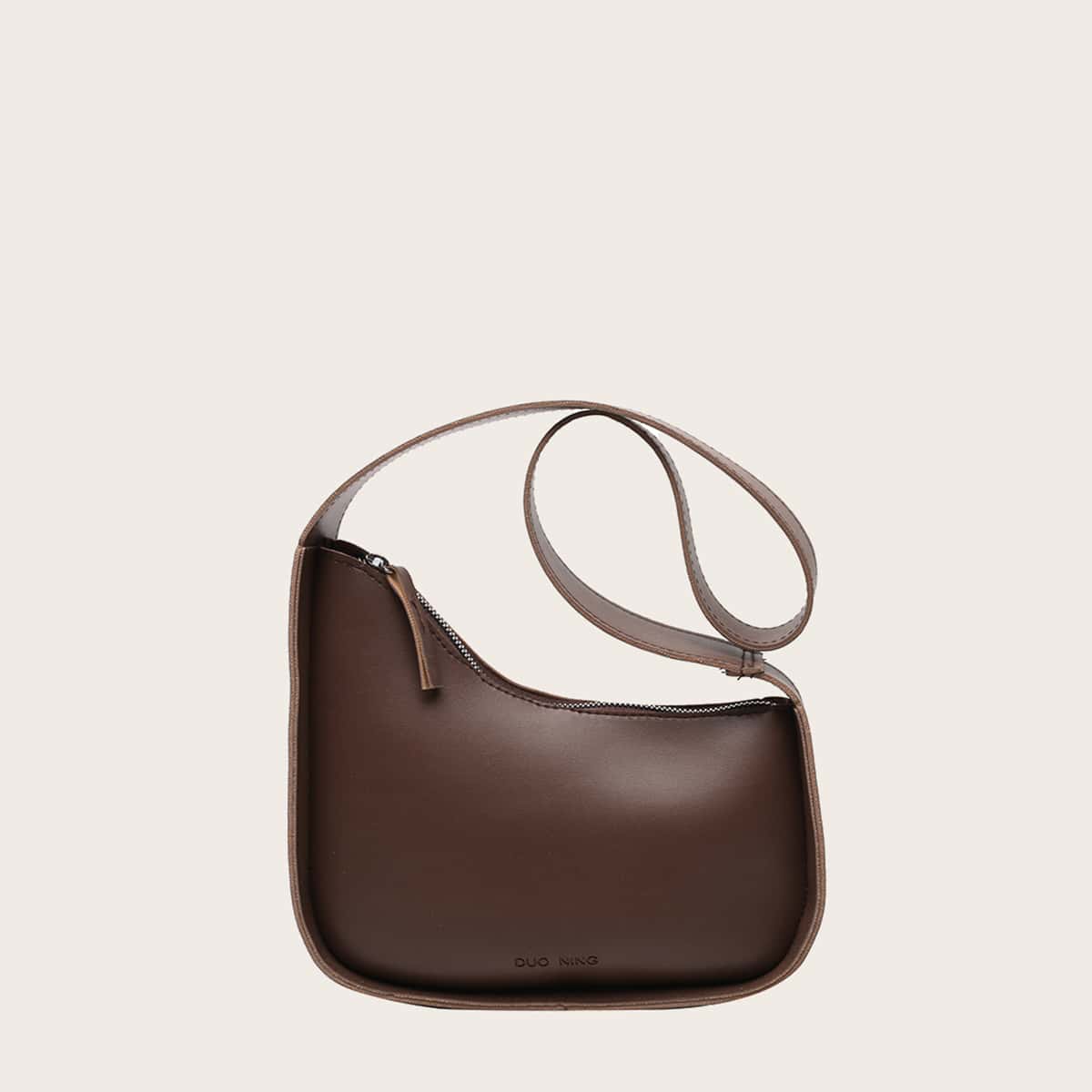 

Solid Zip Shoulder Bag, Coffee brown
