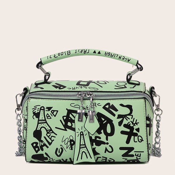 

Graffiti Print Satchel Bag, Green