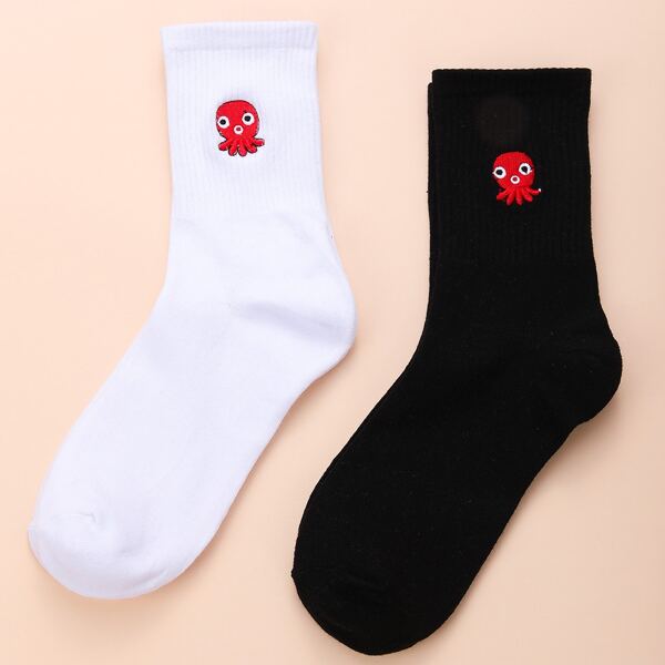 

2pairs Cartoon Embroidered Crew Socks, Multicolor