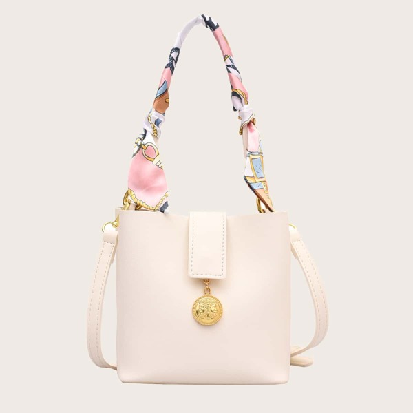 

Twilly Scarf Decor Bucket Bag, Beige
