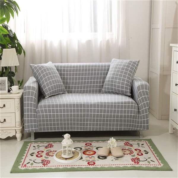 

Plaid Pattern Sofa Slipcover & 1pc Cushion Cover Without Filler, Grey