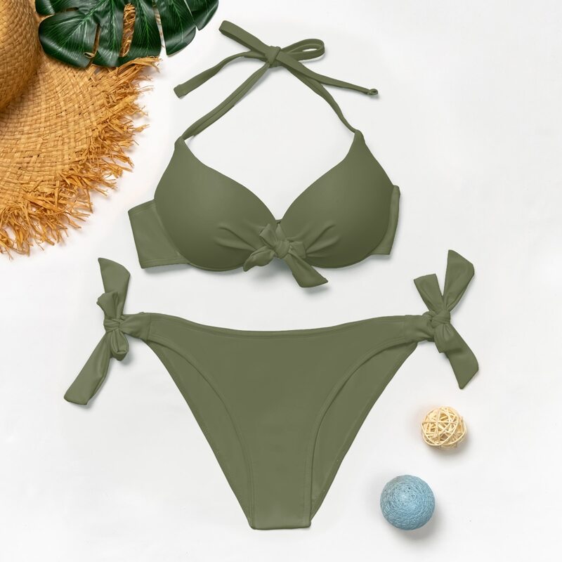 

Knot Front Push Up Tie Side Bikini Swimsuit, Army green