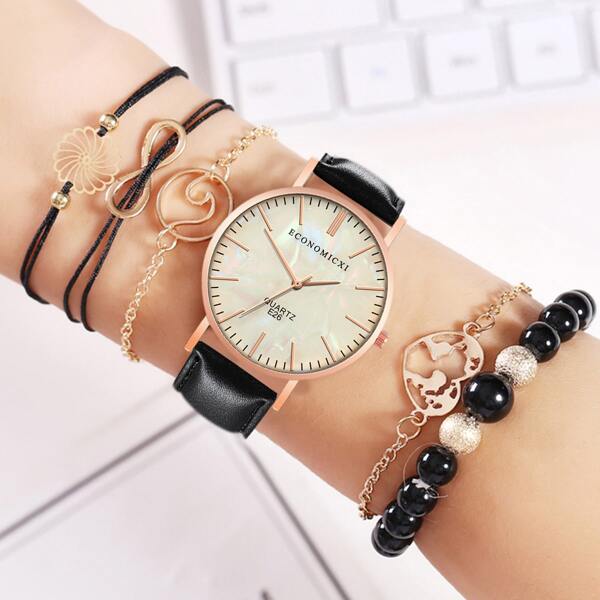 

1pc Round Pointer Quartz Watch & 5pcs Bracelet