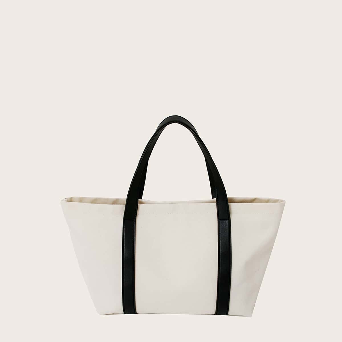 

Colorblock Strap Canvas Tote Bag, Beige