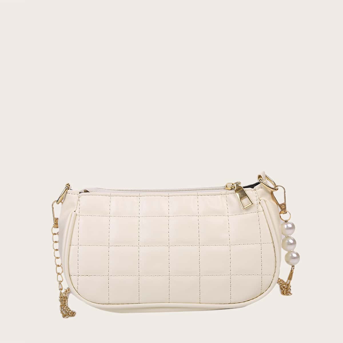 

Quilted Chain Crossbody Bag, Beige