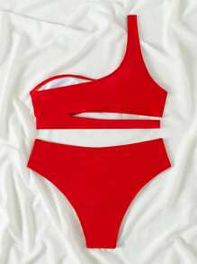 SHEIN Swim Summer Beach Solid Bikini Set Cut-Out One Shoulder Top & Bikini Bottom 2 Piece Bathing Suit - Red - View 2