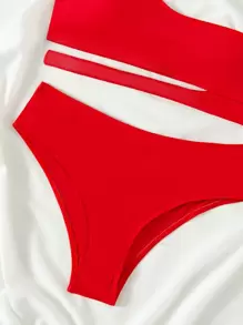 SHEIN Swim Summer Beach Solid Bikini Set Cut-Out One Shoulder Top & Bikini Bottom 2 Piece Bathing Suit - Red - View 3