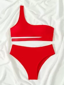 SHEIN Swim Summer Beach Solid Bikini Set Cut-Out One Shoulder Top & Bikini Bottom 2 Piece Bathing Suit - Red - View 4