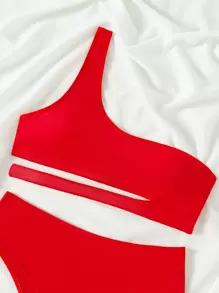 SHEIN Swim Summer Beach Solid Bikini Set Cut-Out One Shoulder Top & Bikini Bottom 2 Piece Bathing Suit - Red - View 5