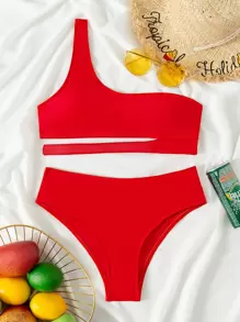 SHEIN Swim Summer Beach Solid Bikini Set Cut-Out One Shoulder Top & Bikini Bottom 2 Piece Bathing Suit - Red - View 6