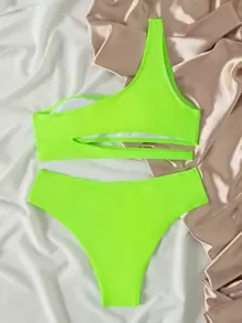 SHEIN Swim Summer Beach Neon One Shoulder Bikini Set Bathing Suit - Green - View 2