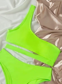 SHEIN Swim Summer Beach Neon One Shoulder Bikini Set Bathing Suit - Green - View 4