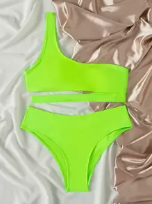 SHEIN Swim Summer Beach Neon One Shoulder Bikini Set Bathing Suit - Green - View 5