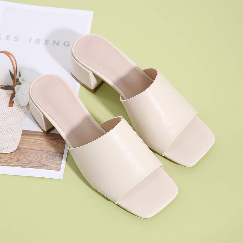 

Solid Chunky Heeled Mules, Apricot