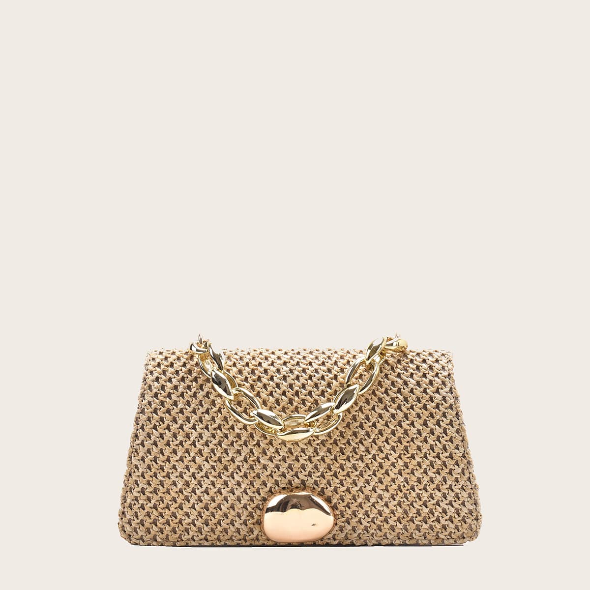 

Straw Chain Satchel Bag, Khaki