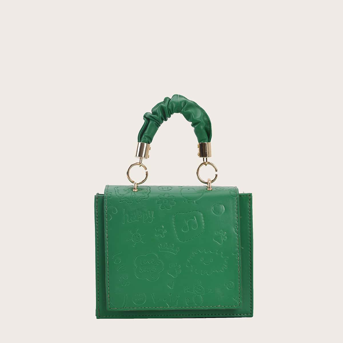 

Cartoon Embossed Flap Satchel Bag, Green
