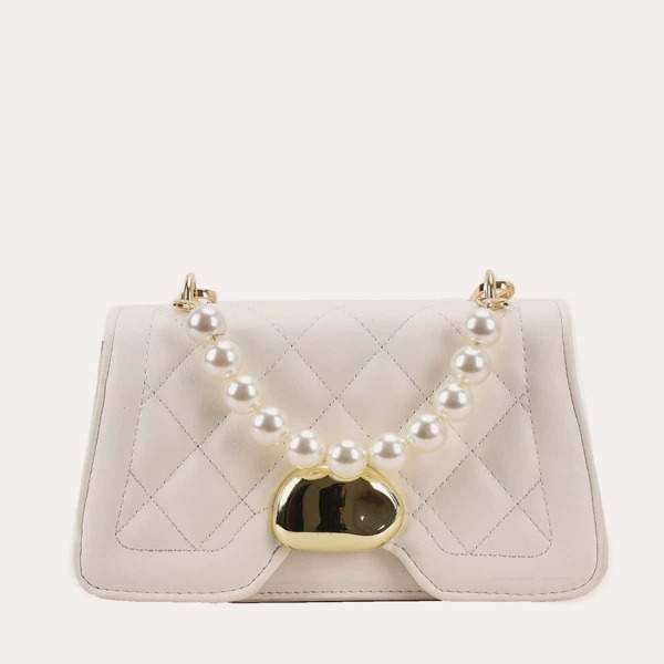 

Faux Pearl Decor Quilted Satchel Bag, Beige