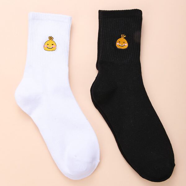 

2pairs Cartoon Embroidered Crew Socks, Multicolor