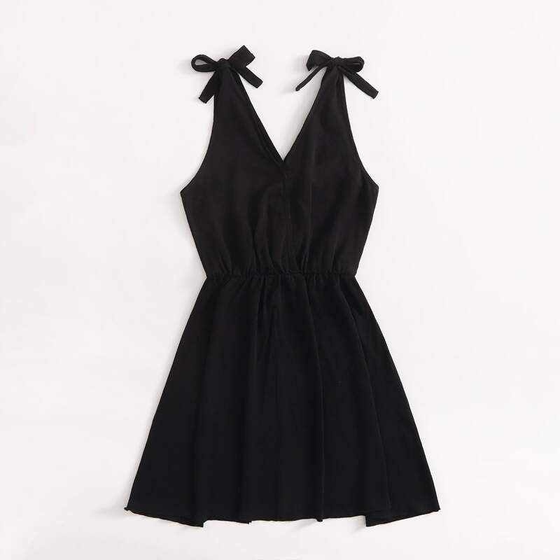 

Solid Tie Shoulder Dress, Black