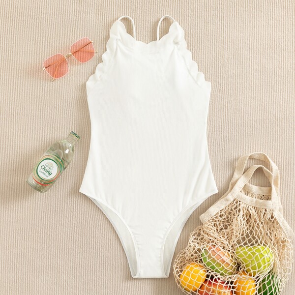 

Rib Scallop Trim One Piece Swimsuit, White