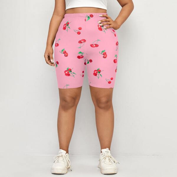 

Plus Cherry Print Biker Shorts, Pink