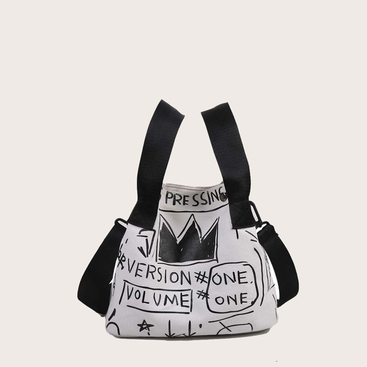 

Letter Graphic Satchel Bag, Black and white