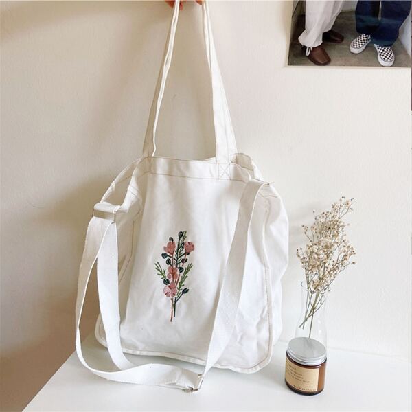 

Floral Embroidery Canvas Shopper Bag, White