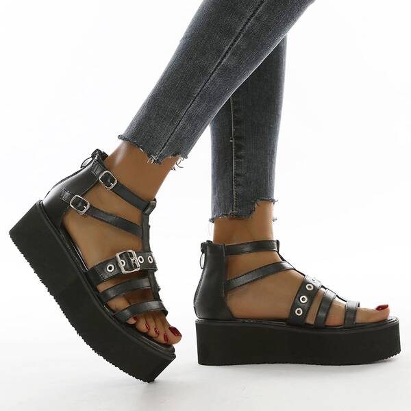 

Eyelet Buckle Decor Gladiator Flatform Sandals, Black