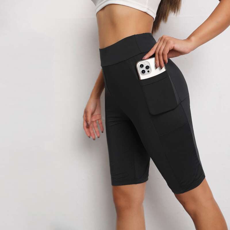 

Solid Biker Shorts With Phone Pocket, Black