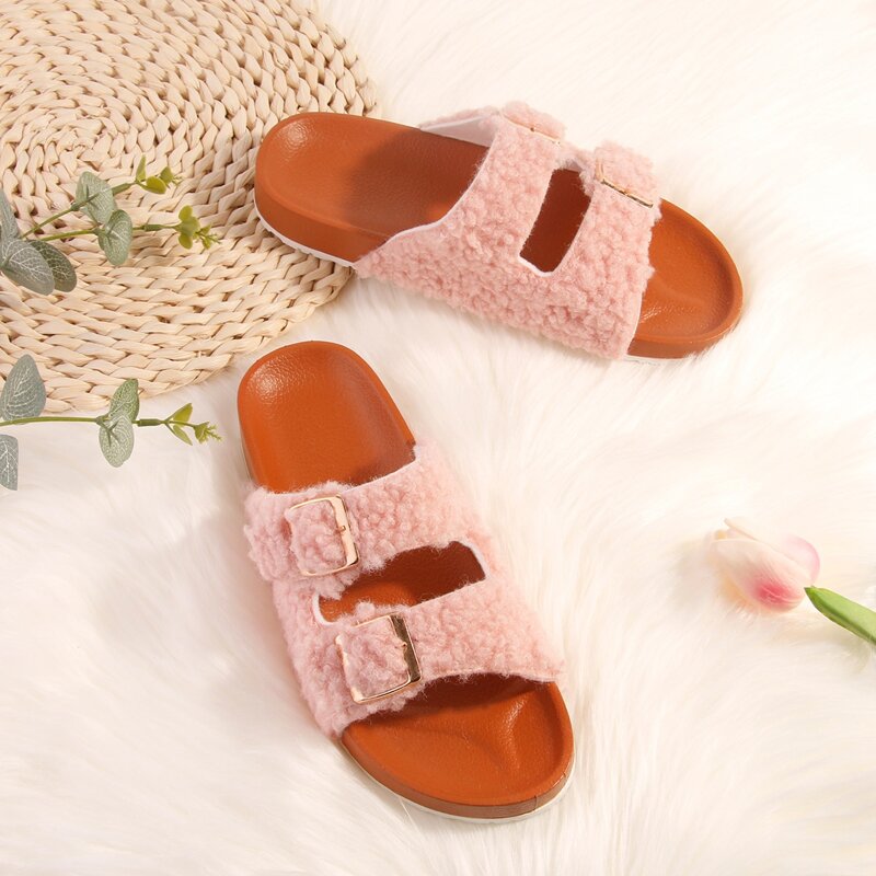 

Buckle Decor Fluffy Footbed Sandals, Pink
