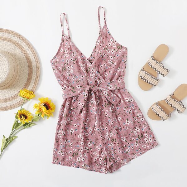

Surplice Neck Self Belted Ditsy Floral Cami Romper, Multicolor