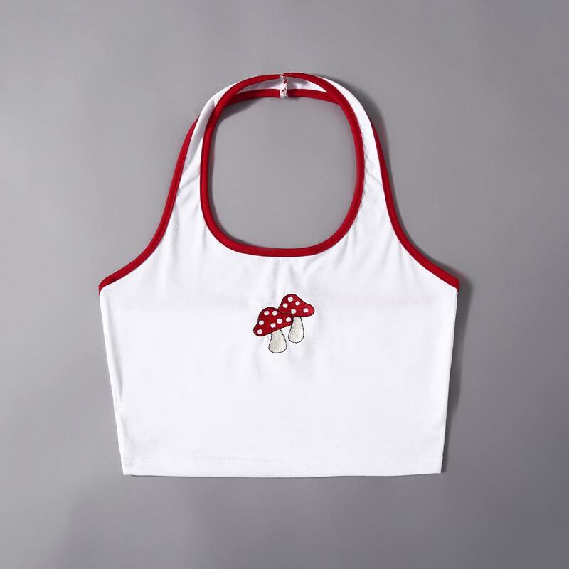 Mushroom Embroidery Ringer Halter Top, Red and white