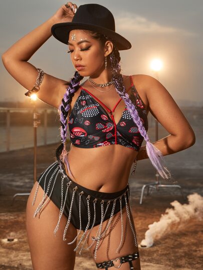 مجموعة بكيني مطبوعة بالكامل مع حلقات مربوطة مقاسات كبيرة للشاطئ الصيفي