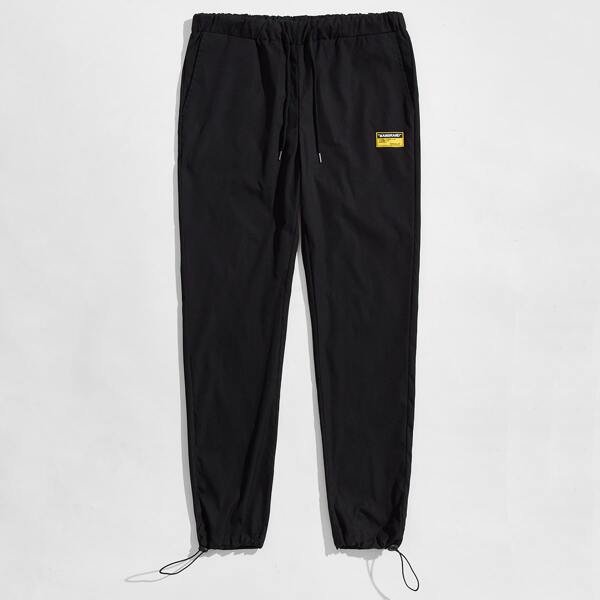 

Men Drawstring Hem Slant Pocket Pants, Black