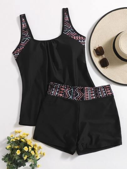 Swim Lushoire Summer Beach Plus Geometric Print Tankini Set Tank Top & Shorts 2 Piece Western Bathing Suit