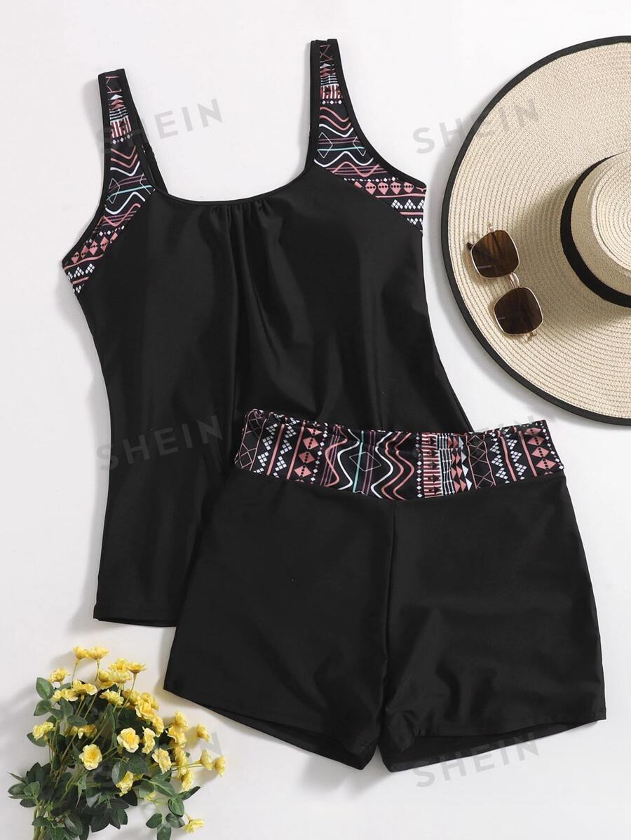 Swim Lushoire Plus Set Tankini cu imprimeu geometric maiou și pantaloni scurți Costum de baie occidental din 2 piese - Negru - Vizualizare 1