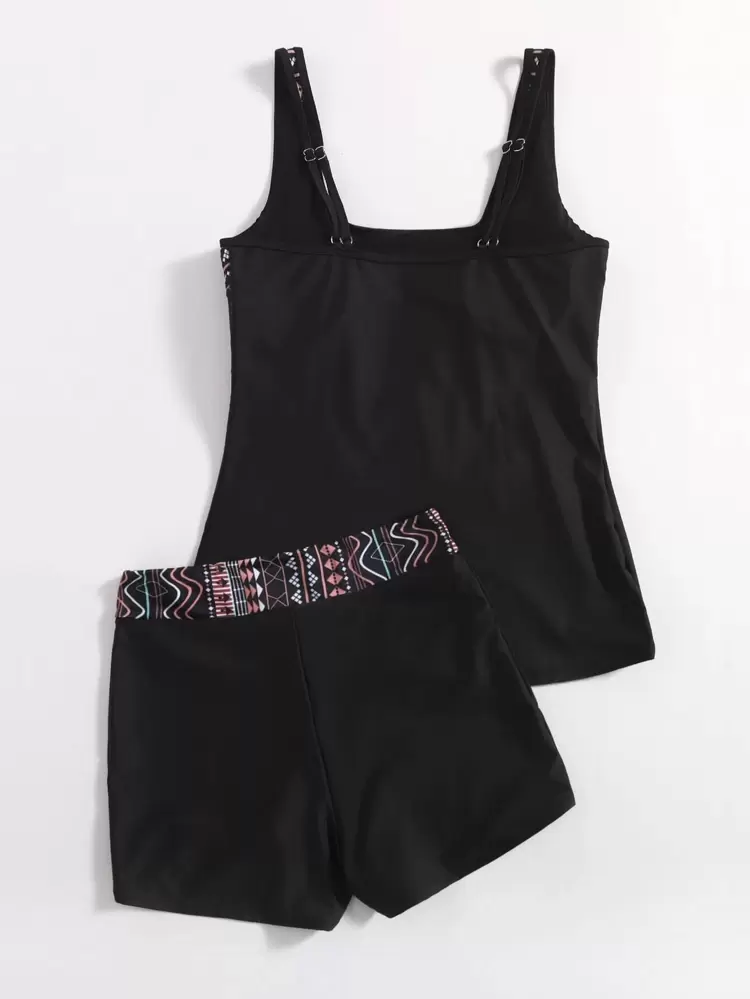 Summer Beach Plus Geometric Print Tankini Set Tank Top & Shorts 2 Piece Western Bathing Suit