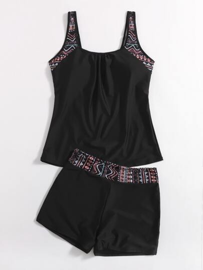 Swim Lushoire Summer Beach Plus Geometric Print Tankini Set Tank Top & Shorts 2 Piece Western Bathing Suit