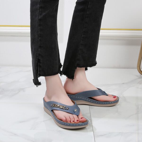 

Perforated Detail Thong Sandals, Dusty blue